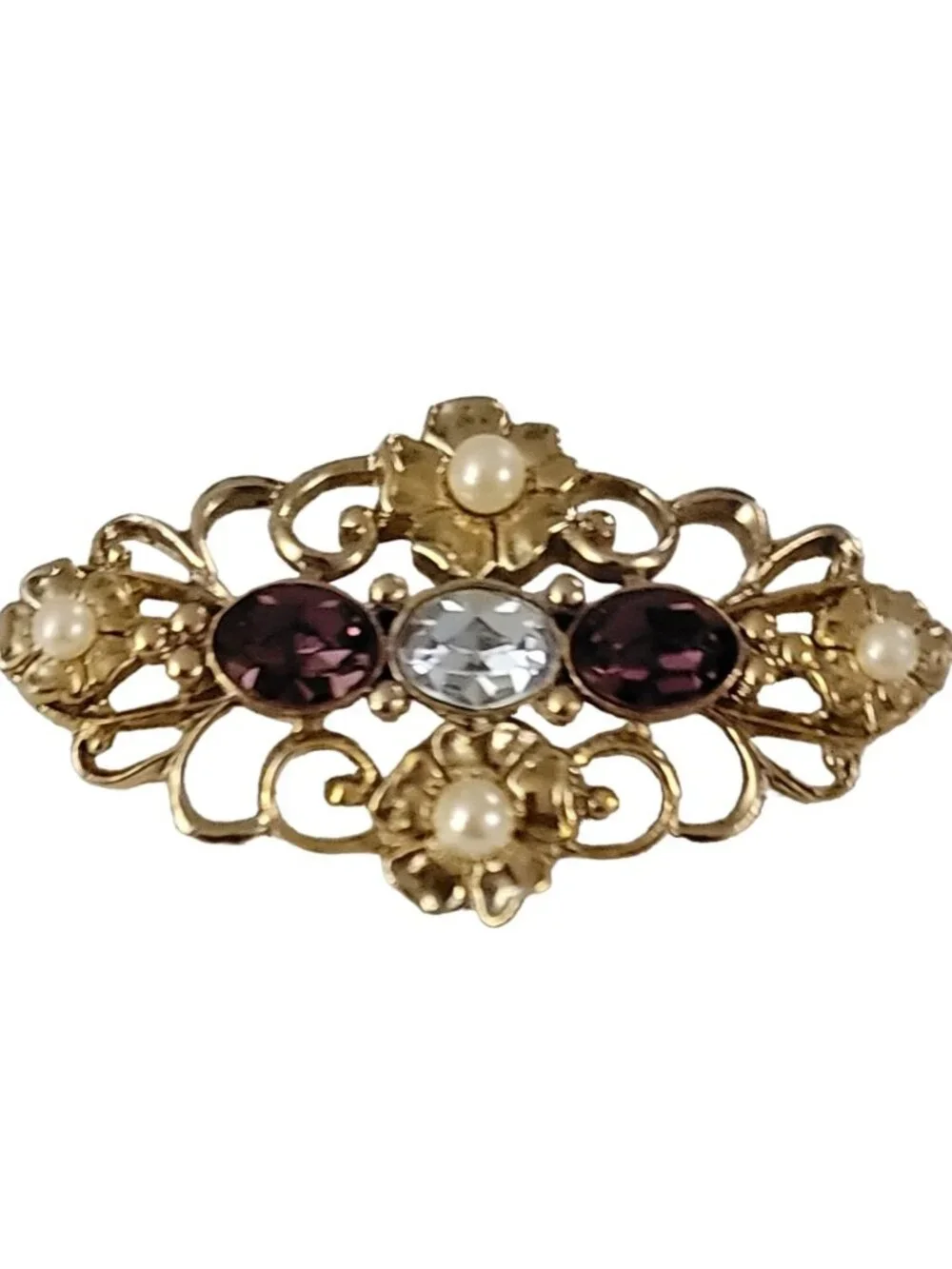 1928 Brand Gold Tone Victorian Style Glass Rhinestone Flower Brooch Pin K530